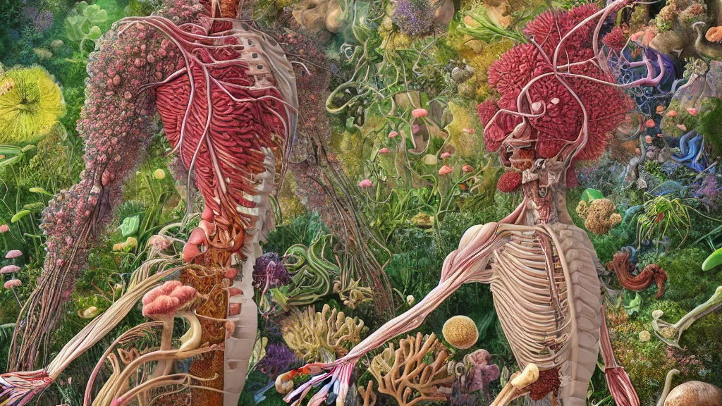 Prompt: highly detailed illustration of a human anatomy body exploded by all the known species of plants, flowers, corals and mushrooms by juan gatti, by makoto shinkai, by moebius!, by oliver vernon