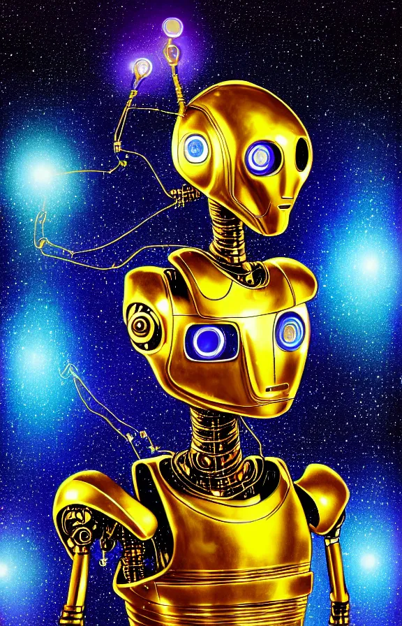 Image similar to portrait of a robot humanoid alien with golden armature and medieval helmet. Galactic iridescent background in the style of Tim white and moebius