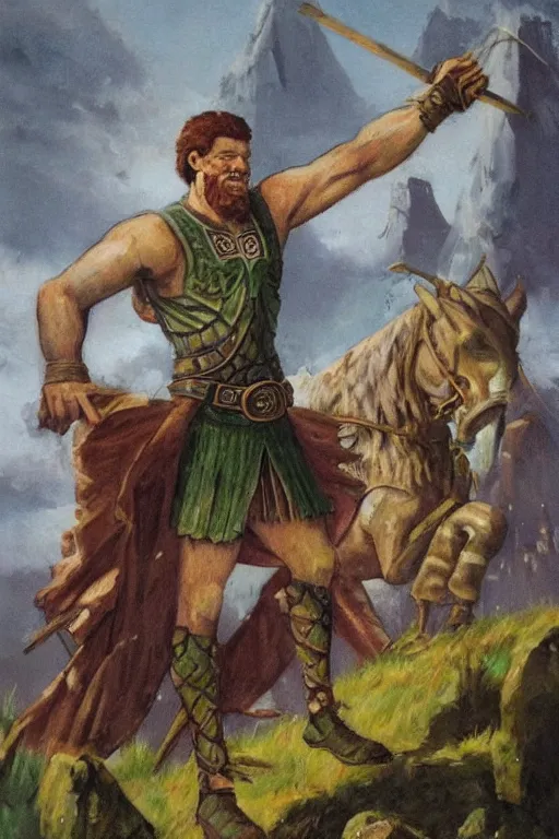 Prompt: finn mccool, irish mythical giant, towering celtic hero, colossal, massive, gigantic, large, big