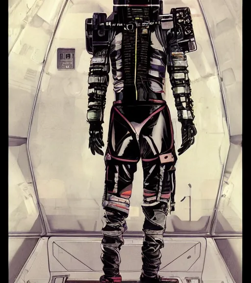 Image similar to cyberpunk japanese engineer with long limbs and a black spacesuit on a spacewalk, techwear, dead space, visible face, Industrial Scifi, detailed illustration, character portrait, by Martin Grip and Moebius