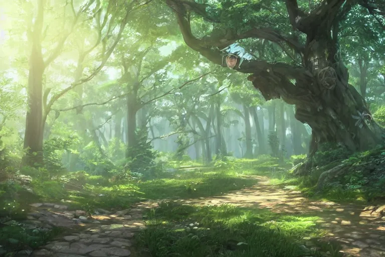 Prompt: forest path, beautiful ancient trees, hiding large treasure chest, serene evening atmosphere, soft lens, soft light, cel - shading, animation, in the style of cgsociety, deviantart, artstation, zbrush, cinema 4 d, studio ghibli, akihiko yoshida, atelier lulua, masamune shirow