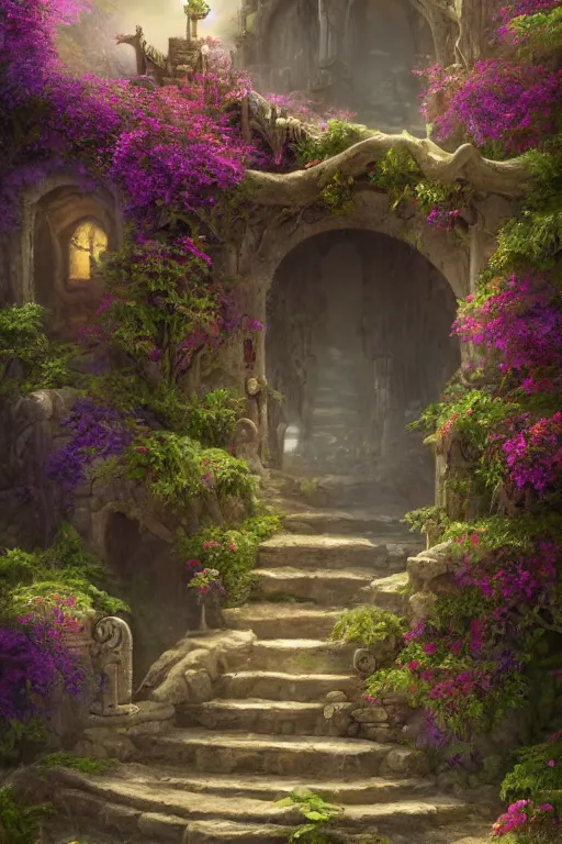 Prompt: matte glossy painting of stone steps fantasy leading do a fantasy door opening flowers, thorns roots along the steps, artstation by emilia dziubak, will terry, greg olsen, chris mars, ann long, and mark brooks, gret ritkowski dramatic, architecture, colorful warcraft architecture