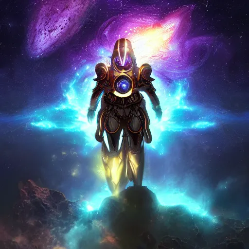 Image similar to photorealistic fantasy cosmic concept art of a cosmic god with armor made out of planets and dark matter, hovering in a unknown galaxy, fully body portrait, cinematic, dynamic lighting, ultra detailed, creative, trending on art station, stunning visuals, creative