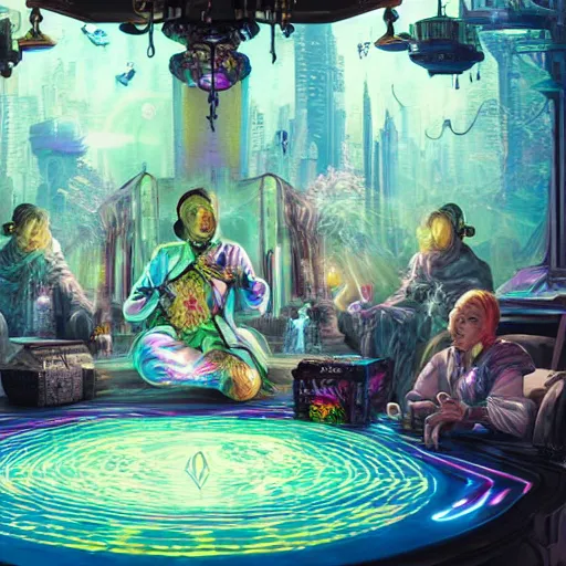 Image similar to beautifully detailed scene of a cyberpunk hyperborean magitech esoteric play and games scholar floral patterned robes in his study with holographic machinery, board games, chess contraptions, video game consoles, controllers, large crt monitors, books light projection mystical outdoor temple natural scene, octane 4 k render videogame gameplay screesnshot