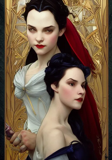 Image similar to snow white and evil queen, intricate, elegant, highly detailed, digital painting, artstation, concept art, smooth, sharp focus, illustration, art by artgerm and greg rutkowski and alphonse mucha and william - adolphe bouguereau