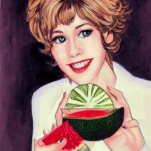 Prompt: beautiful portrait of young Jane Fonda eating a ripe watermelon in the style of masamune shirow