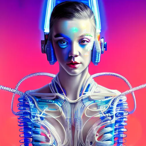 Prompt: high quality, high detailed portrait of a space queen, a cyberpunk character in a retro - futuristic world, white porcelain translucent skin. hyperrealism, intricate details, cables, wires. connectors led. tristan eaton, victo ngai, artgerm, rhads, ross draws, alphonse mucha, pastel colors, vintage, artstation, vector gradient. 8 k