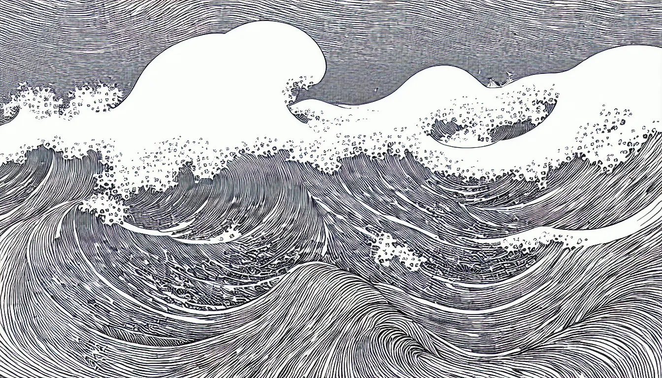 Prompt: waves visible from the beach by woodblock print, nicolas delort, moebius, victo ngai, josan gonzalez, kilian eng