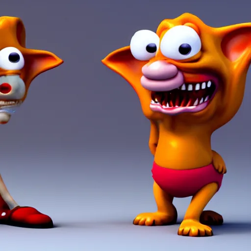 Image similar to ren and stimpy, 3 d character design, rendered in octane render, unreale engine