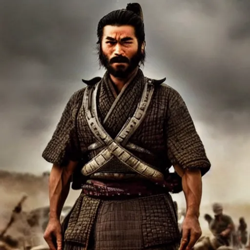 Prompt: handsome and strong kurdish samurai in a movie directed by christopher nolan, movie still frame, promotional image, imax 7 0 mm footage, perfect symmetrical facial features