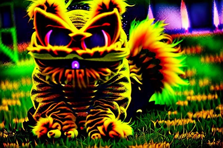 Prompt: a cursed image of an eldritch fluffy cybergoth garfield infested crevice, evil, staring at you, damnation, liminal, garden