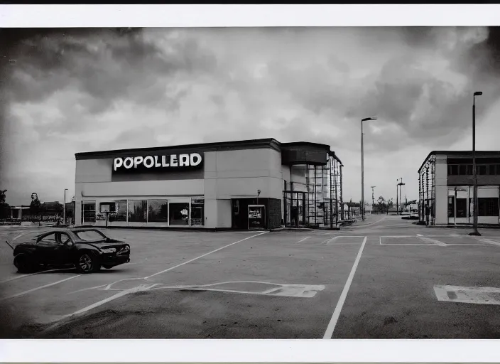 Image similar to polaroid photograph of an empty blockbuster store parking lot, liminal space, familiar place, mannequins, black mold, amateur, unreal engine, photorealistic, trending on artstation