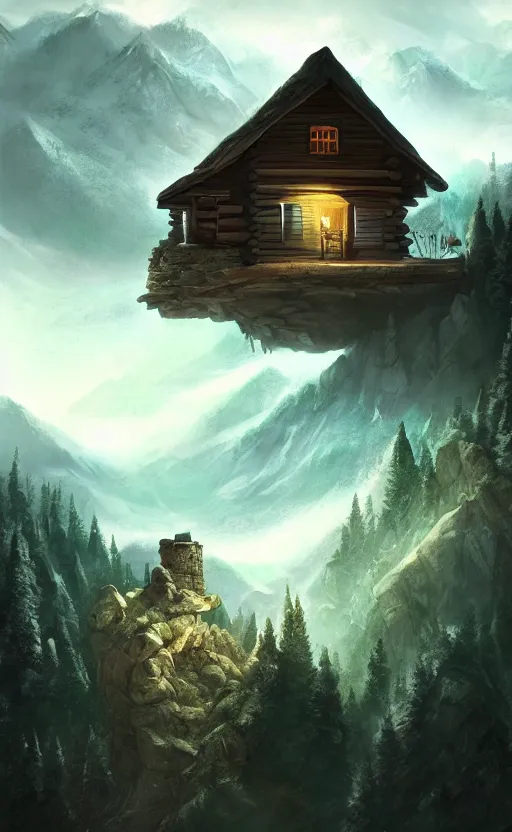 Image similar to cabin high on a mountain, the valley beneath, dynamic lighting, photorealistic fantasy concept art, trending on art station, stunning visuals, creative, cinematic, ultra detailed