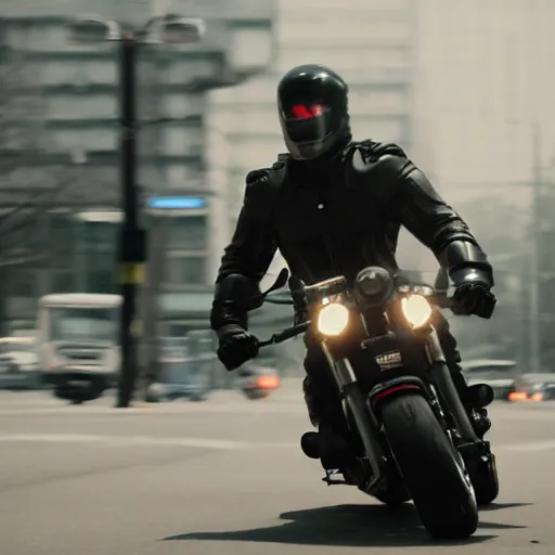 Prompt: Film still of 'Cyborg Man 2045' (2012). Motorcycle chase scene. Sigma 85mm f/1.4