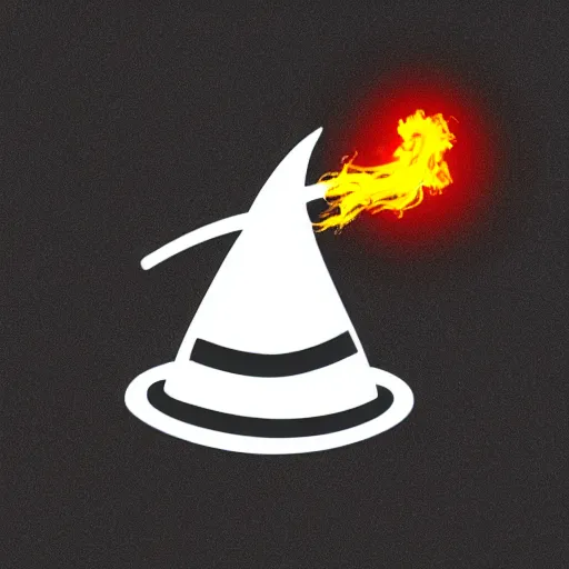 Image similar to mage pointy hat and fireball vector art, logo, minimalistic, black and white, clear edges, no watermarks