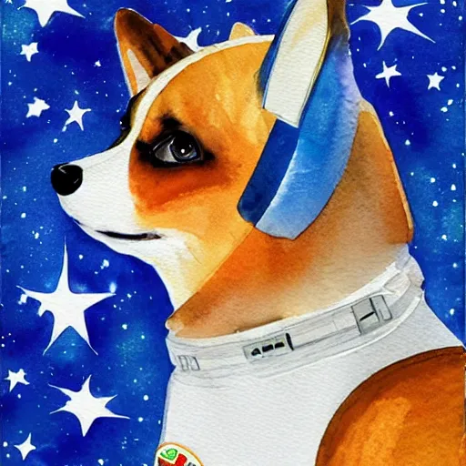 Prompt: a watercolor painting of a heroic corgi cosmonaut, swirls, stars, blue, dynamic, abstract