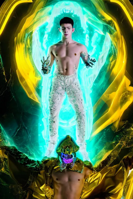 Prompt: photo of fullbody rococo and cyberpunk delicate neon crystalline sculpture of seductive muscular onyx albino marble prince nick jonas teal iridescent humanoid deity wearing yellow plastic hooded cloak holding an onyx skull in a onyx space dungeon, reclining, glowing yellow face, crown of white diamonds, cinematic lighting, photorealistic, octane render 8 k depth of field 3 d