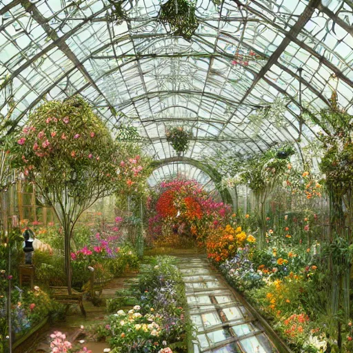 Image similar to a beautifull intricate greenhouse with many flowers, reflexions, verry high details by william turner art, greg rutkowski and alphonse mucha, trending on artstation, very very detailed, masterpiece, - h 1 2 8 0 - w 6 4 0