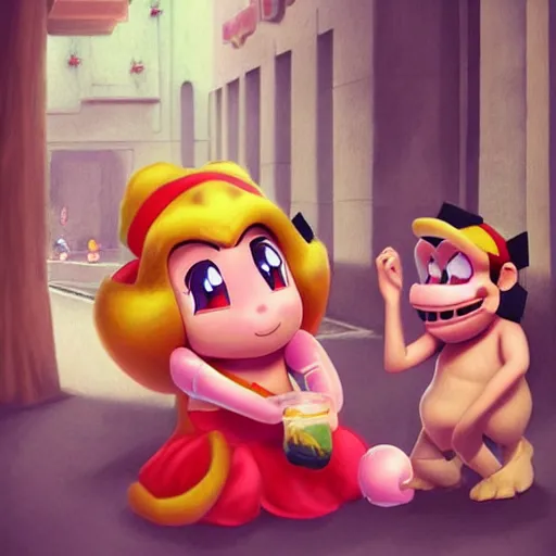 Image similar to Princess Peach and Donkey Kong on a date, trending on ArtStation