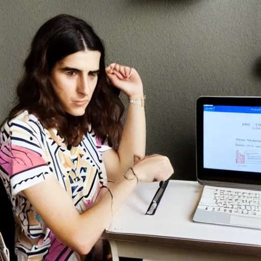 Prompt: A photo of hila klein sitting on a computer scrolling a webpage of etsy.com with clothes designs