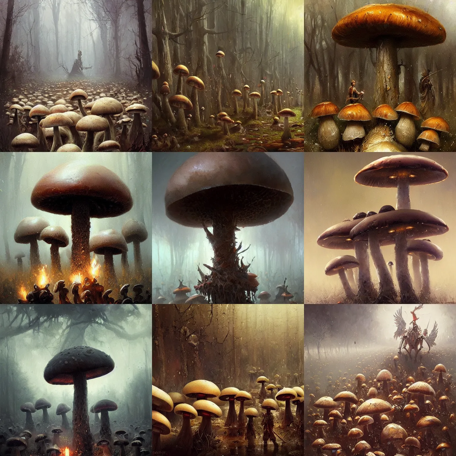 Prompt: An army of mushrooms, dark fantasy, by Greg Rutkowski, epic, awe-inspiring, oil painting, beautiful, detailed
