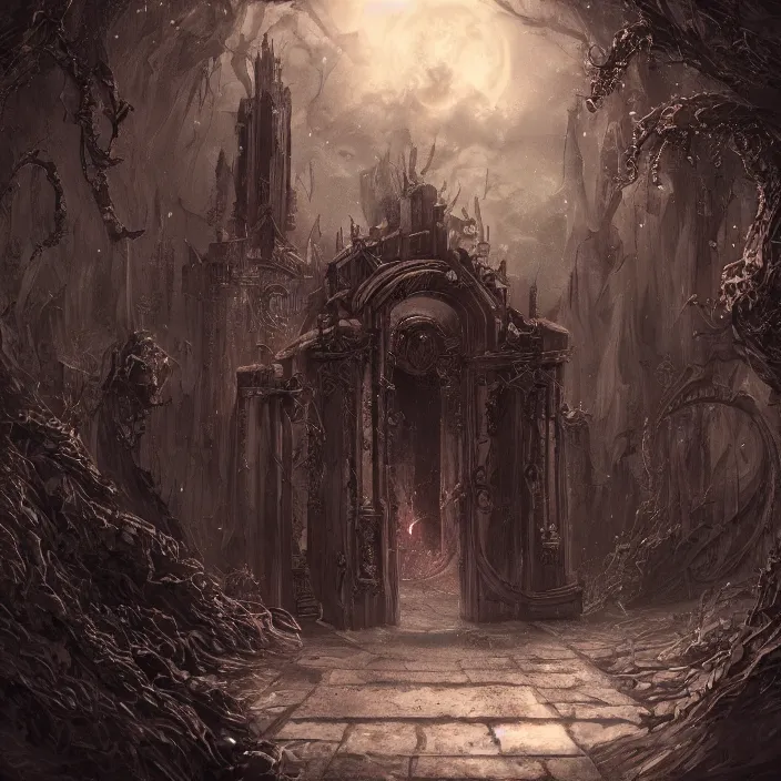 Image similar to ominous mysterious dark etherial gate to the midnight void, midnight lighting, quiet and serene atmosphere, deviantart, official art, concept art, intricate high detail masterpiece