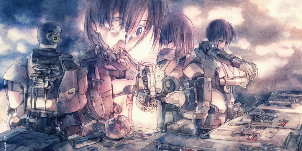 Prompt: watercolour painting of a broken robot repairing itself, anime, pencil lines, light watercolour, pale sky, beautiful artwork, anime screenshot, akihabara