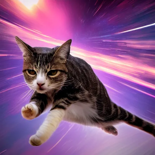 Prompt: photo of hyperspeed flying through space cat running fast with motion blur