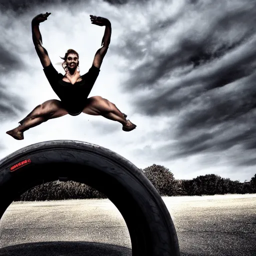 Image similar to car jumping, bodybuilder, woman, holding, photo, digital art, hands, underbody, tire, throw, standing