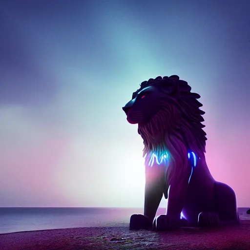 Prompt: beautiful dark beach landscape, giant lion statue glowing eyes, in the style of beeple and Mike Winkelmann, intricate, epic lighting, cinematic composition, hyper realistic, 8k resolution,