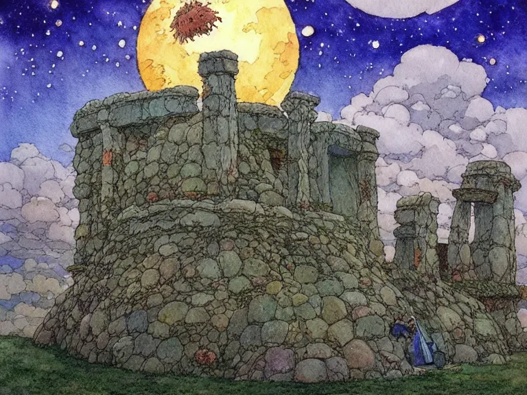 Image similar to hyperrealist studio ghibli watercolor fantasy concept art of an immense earthship solar home from howl's moving castle sitting on stonehenge like a stool. it is a misty starry night. by rebecca guay, michael kaluta, charles vess