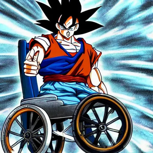 Image similar to goku in a wheel chair after being defeated by vegeta thumbs up