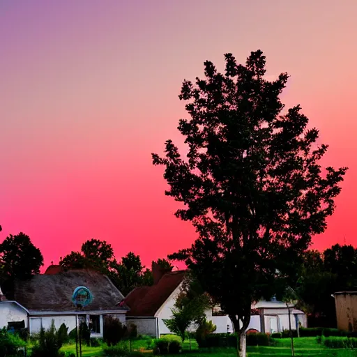 Prompt: lonely nostalgic suburb at sun rise with purple sky