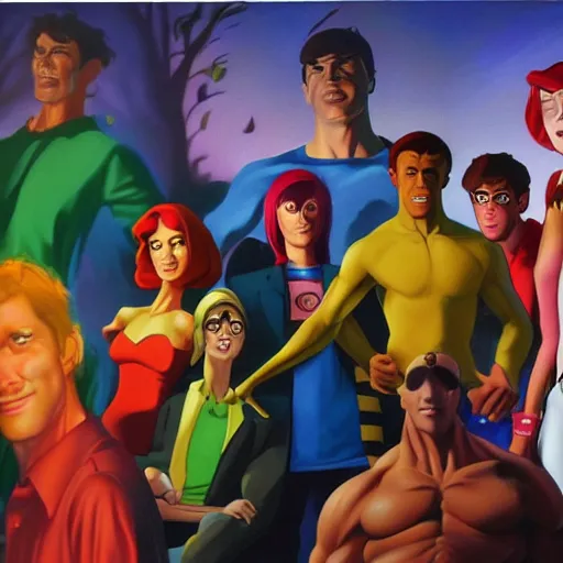 Image similar to an ultra - realistic portrait painting of scooby and the gang in the style of alex ross. 4 k. ultra - realistic. highly detailed. epic lighting.