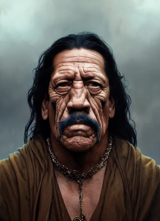 Image similar to Portrait of Danny Trejo, cloak, male, fantasy, extremely detailed, digital painting, artstation, concept art, smooth, sharp focus, illustration, stunning lighting, art by artgerm and greg rutkowski and alphonse mucha and simon stalenhag, realistic character concept, high fantasy, dark atmosphere, golden ratio, cinematic lighting, hyperdetailed, high resolution, insanely detailed and intricate, artstation, Marc Simonetti, Greg Rutkowski, 8k