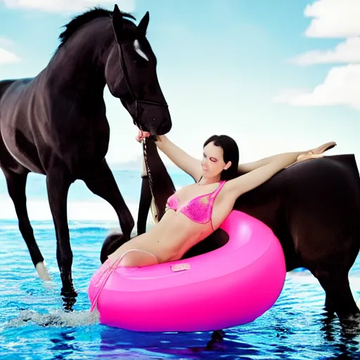 Prompt: a black horse taking a nap on a pink pool float hyperrealistic 4k 35mm fashion photography vogue magazine photoshoot