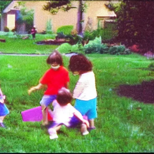Prompt: still from a 90s home video of kids playing in the yard