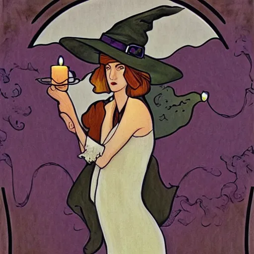 Prompt: art nouveau witch with candle