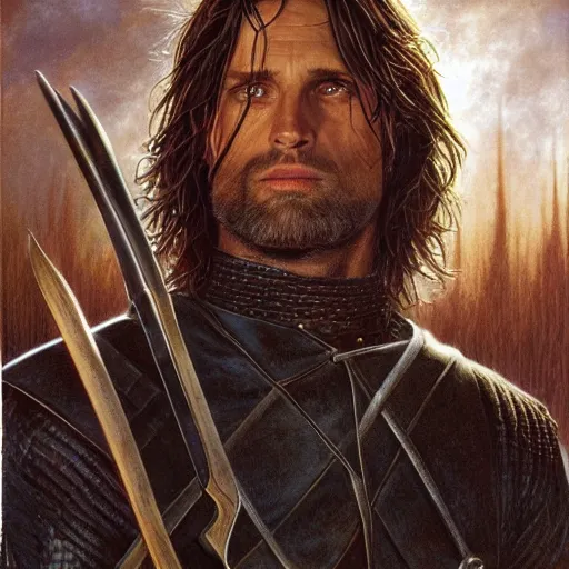 Prompt: honorable ranger Strider Aragorn by Mark Brooks, Donato Giancola, Victor Nizovtsev, Scarlett Hooft, Graafland, Chris Moore