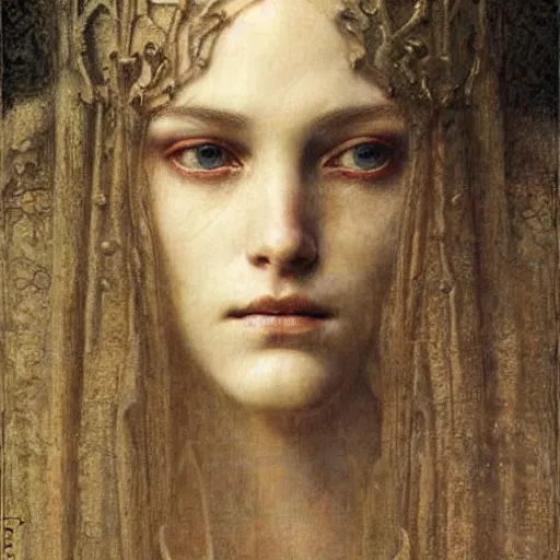 Image similar to detailed realistic beautiful young medieval queen face portrait by jean delville and ruan jia, art nouveau, symbolist, visionary, gothic, pre - raphaelite