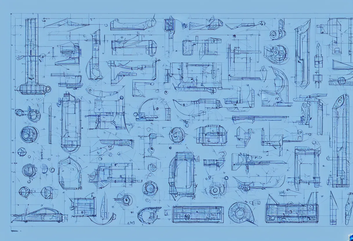Image similar to blueprint, seriosly, complex geometry, detailed, artstation, 8 k, sci - fi, pastel colors, props, panel, concept, simon stalenhag, blueprint, items and gadget, big medium small, blueprint, vintage
