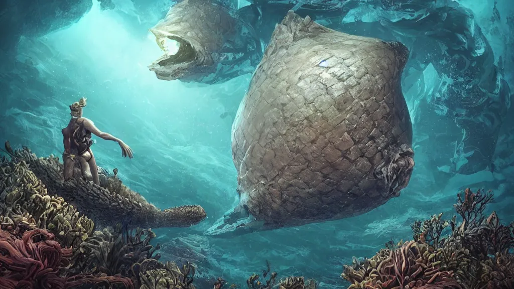 Image similar to An diver is under the sea, he has a big egg with him, he is swimming away from the giant Leviathan that is behind hunting him, the Leavithan is evil, this is an extravagant planet with wacky wildlife and some mythical animals, the background is full of ancient ruins, the ambient is dark with a terrifying atmosphere, by Jordan Grimmer digital art, trending on Artstation,