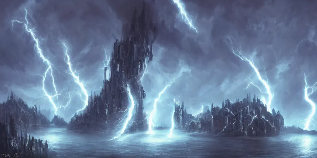 Image similar to an evil villain's lair, digital art, hyperrealistic, oil painting, fantasy, 8 k, dramatic, lightning, trending on artstation, detailed