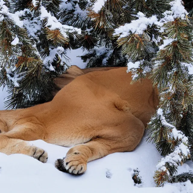 Prompt: magazine page showing 'a cougar sleeping in the middle of snowy pine tree' laying on coffee table, zoomed out shot, HD