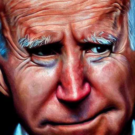 Prompt: Highly detailed close-up painting of President Joe Biden’s face, slight smirk, single tear rolling down his cheek, oil on canvas, painting by Chuck Close, based on photography by Steve McCurry, backlit