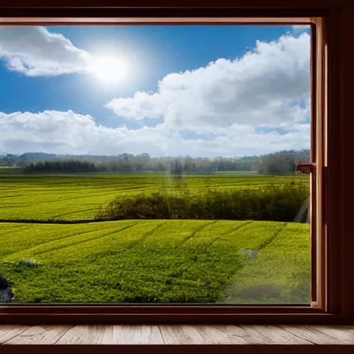 Prompt: a cinematic landscape view looking out a window into an open field with a small creek, wind blows the leaves, and the sun shines through the parted clouds, digital fantasy, detailed, wide angle