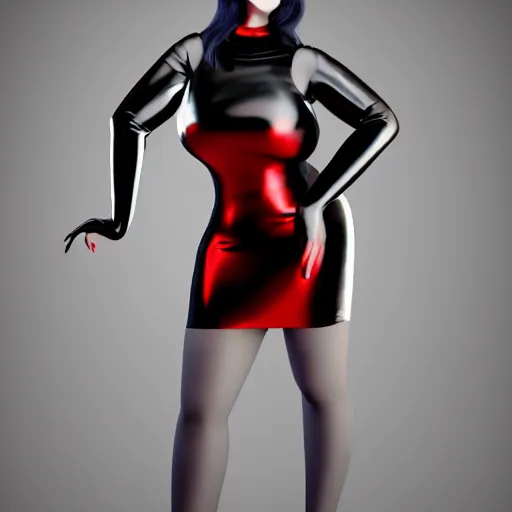 Prompt: a curvy pale hot goth young woman wearing an elegant modest tight shiny red-silver-black striped latex high-neck dress, cgsociety, photorealistic, sublime-cool-hyperadvanced-dark ambience, 16k, smooth, sharp focus, trending on ArtStation, volumetric lighting, fully clothed, thin waist