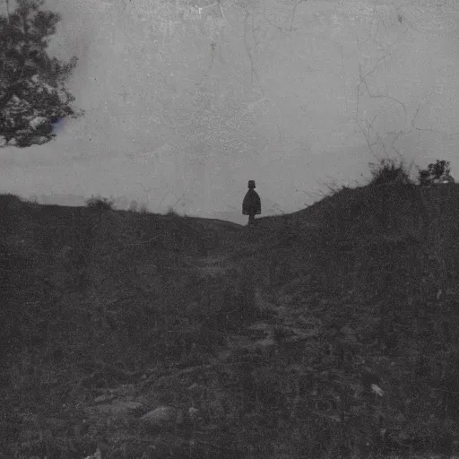 Image similar to old photo of a creepy landscape, mysterious figure in the distance