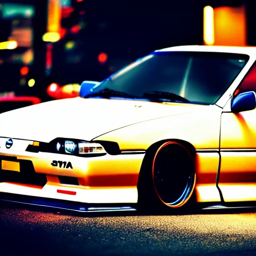 Image similar to a car Nissan Silvia at illegal car meet, Shibuya prefecture, city sunset, cinematic color, photorealistic, highly detailed