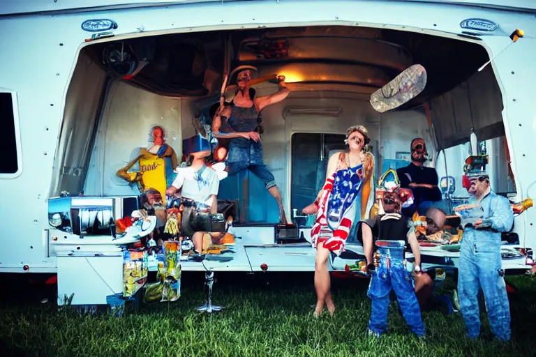 Image similar to redneck astronaut summer grillparty in trailer park, detailed, cinematic photo